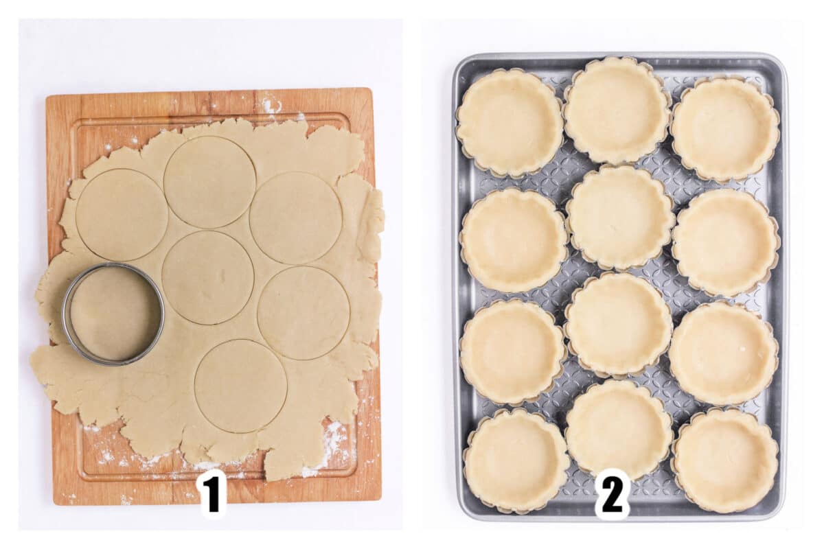 Pastry dough rolled out then cut with a round cutter and placed in mini tart pans set on a sheet pan.