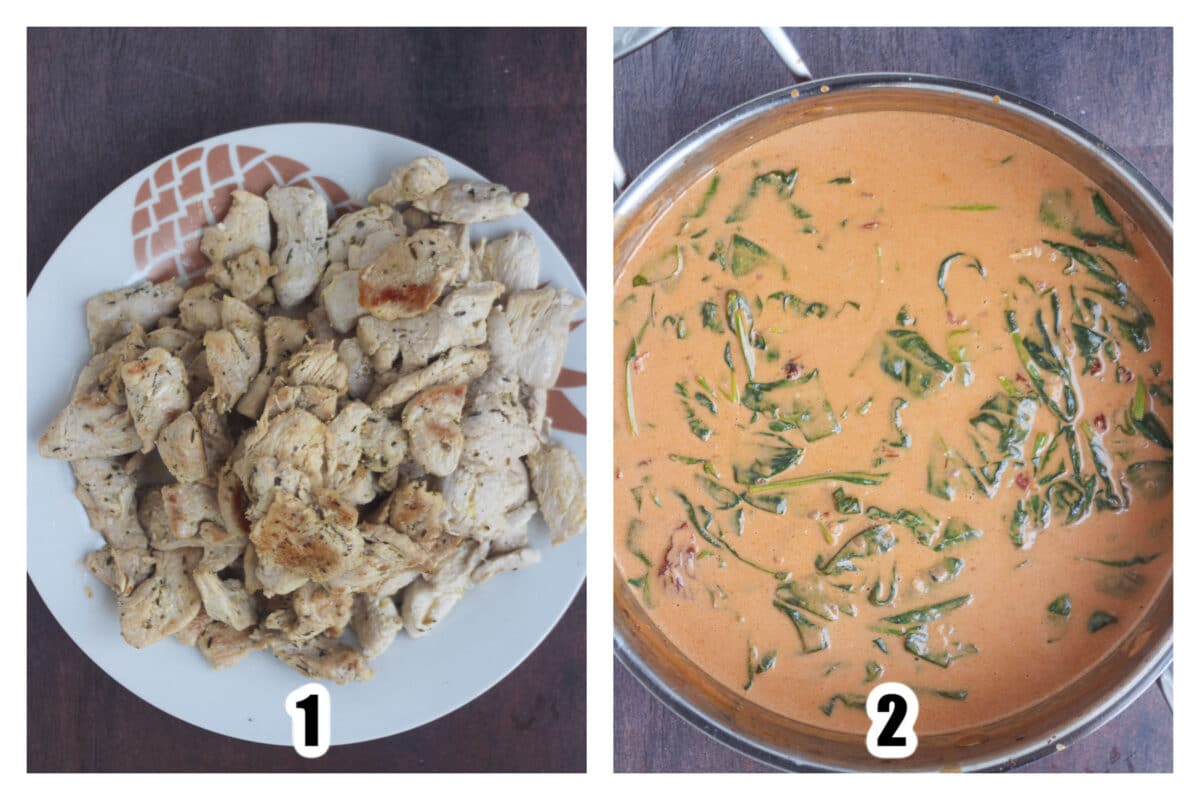 Image 1 showing the chicken browned, image 2 showing the sauce prepared in the skillet.