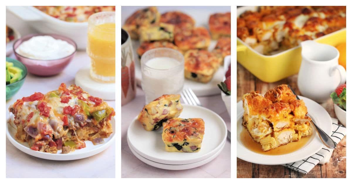 Featured breakfast and brunch bakes including southwest breakfast casserole, potato, cheddar, and chive bake, and Chicken and waffles casserole.