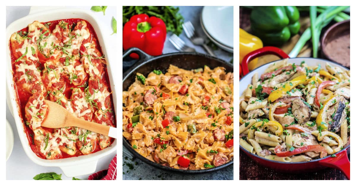 Featured pasta dinner recipes including ricotta stuffed shells, cajun chicken alfredo pasta, and Jamaican jerk chicken pasta.