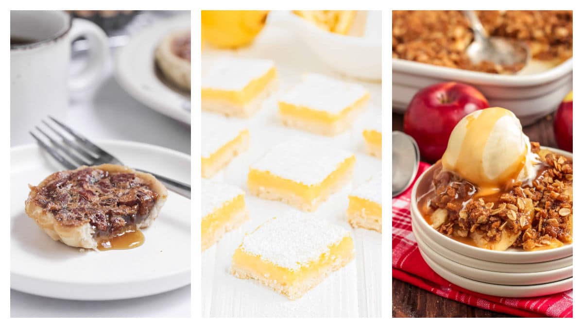 Featured old-fashioned desserts including Canadian butter tarts, lemon bars, and old-fashioned apple crisp.