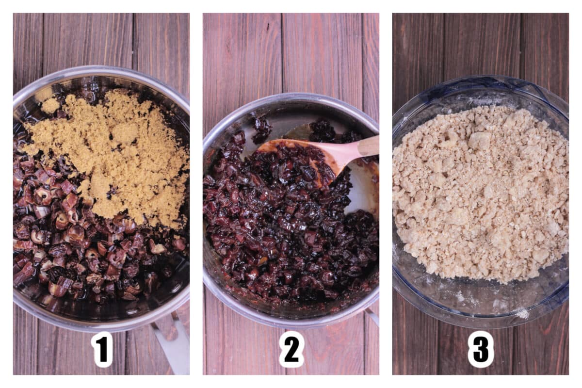 Image 1 - chopped dates, water, and brown sugar in a saucepan. Image 2 - Dates cooked until softened. Image 3 - Crumb mixture combined together in a bowl.