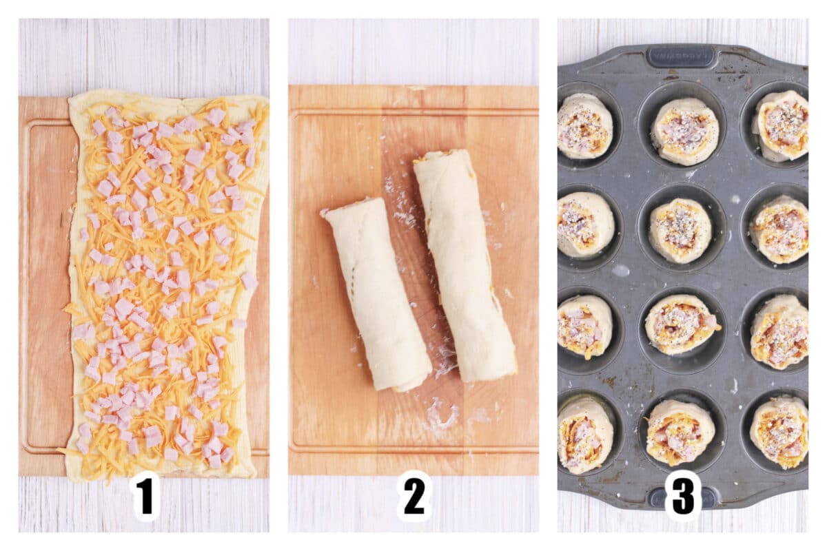  Image 1 - dough rolled out and loaded up with filling. Image 2 - dough rolled up and cut in half. Image 3 - slices of the dough placed into the greased muffin tin.
