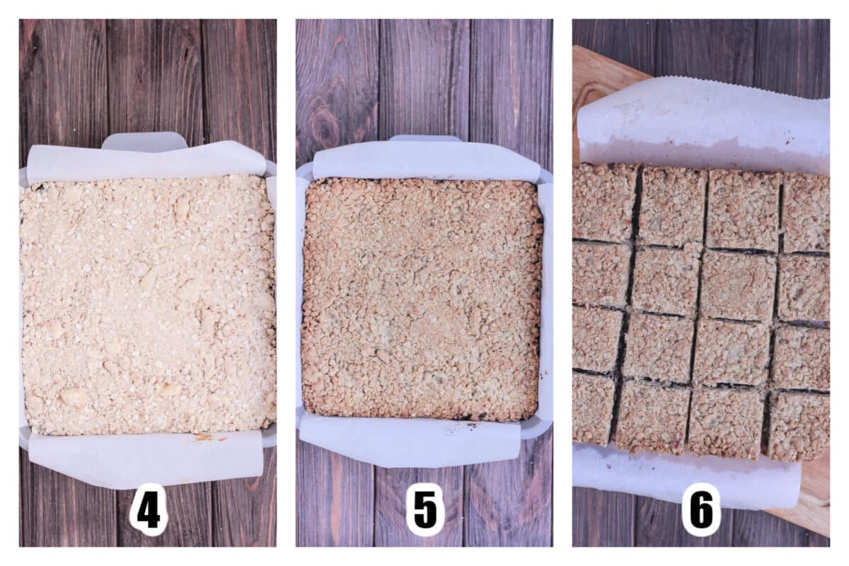 Bars assembled in the baking pan and baked before being cooled and cut into squares.