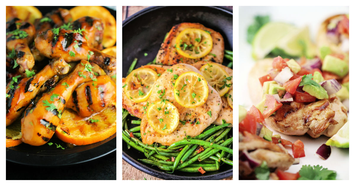 Featured chicken recipes including orange glazed bbq chicken drumsticks, lemon pepper chicken, and cilantro lime chicken.