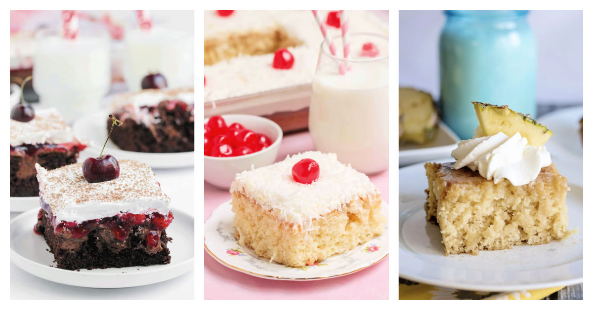 Featured poke cakes including black forest poke cake, coconut poke cake, and pineapple poke cake.