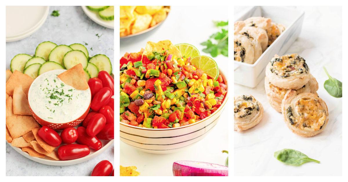 Featured appetisers including greek yogurt ranch dip, cowboy caviar, and bacon spinach pinwheels.