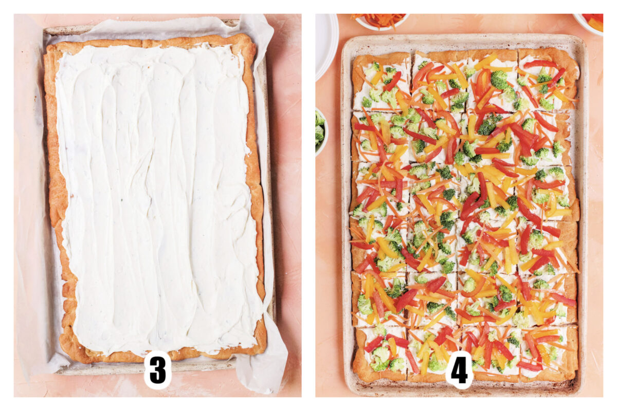 Image 3 - cream cheese mixture spread over the baked dough, then topped with veggies (Image 4)