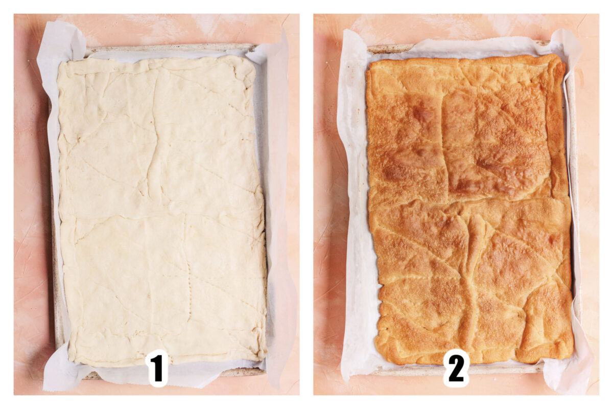 Image 1 - Crescent dough rolled out on a parchment paper lined cheet pan and baked (Image 2)