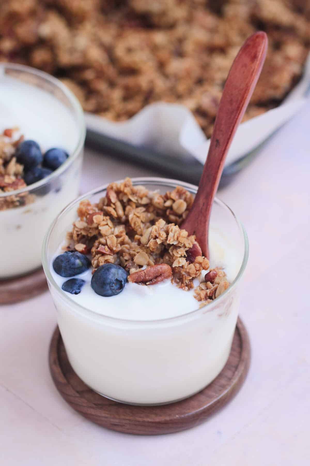 Easy Maple Brown Butter Granola with oats, pecans, sunflower seeds, real maple syrup, and rich brown butter for a crunchy homemade breakfast.