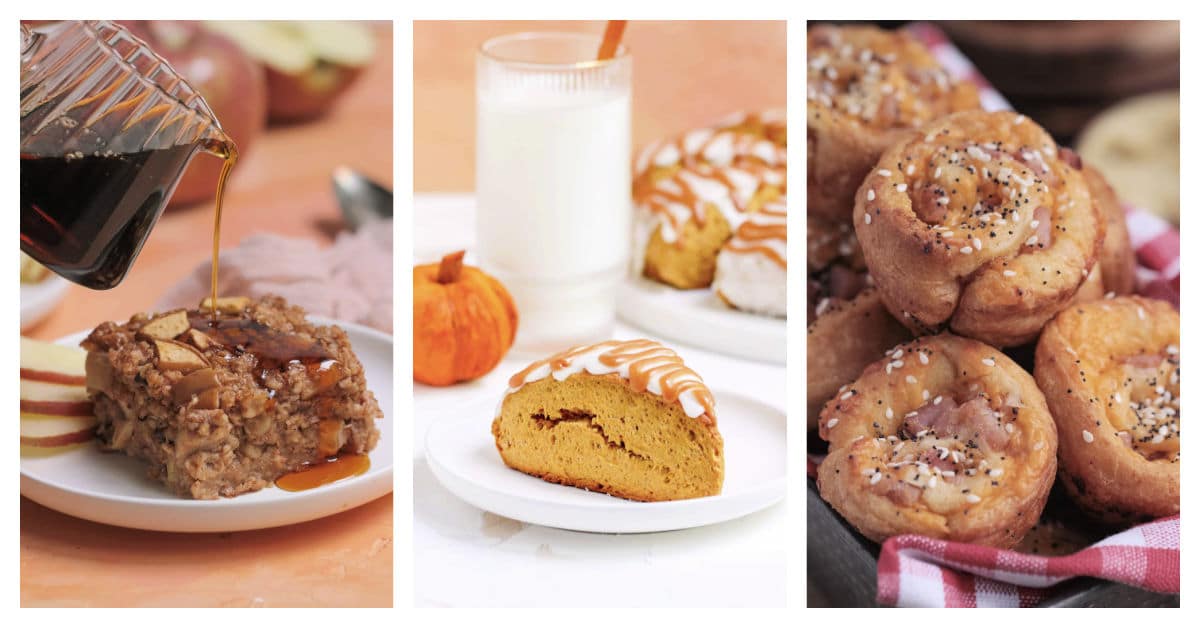 Featured breakfast recipes including apple baked oatmeal, pumpkin scones, and ham and cheese cruffins.
